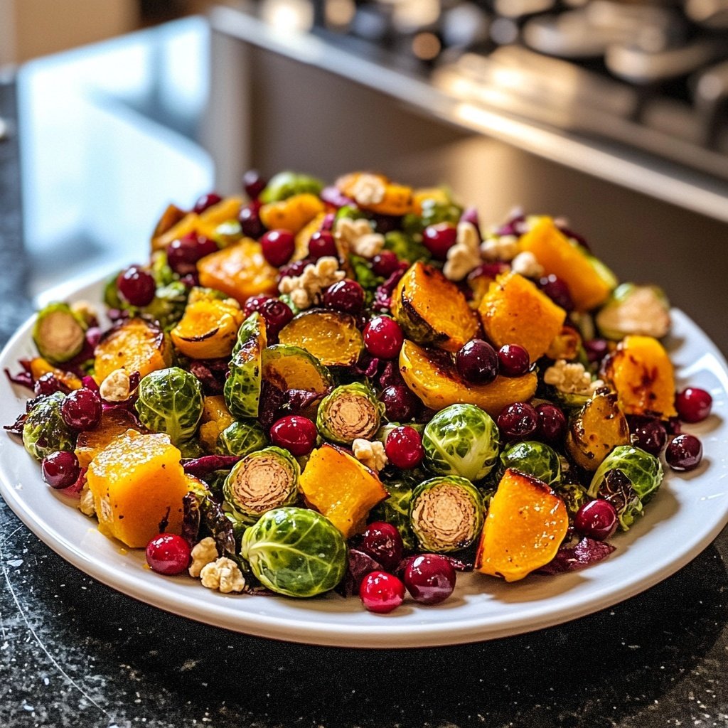 Wintersalat mit Butternutkürbis, Rosenkohl, Cranberries, Pekannüssen und Roter Bete